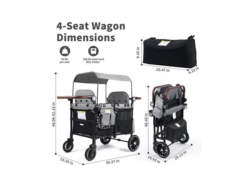 Kinder King Baby All-Terrain 4-Seat Stroller Wagon with Canopy, Shock-Absorbing Wheels, Snack Tray, Storage Bag and Adjustable Handle