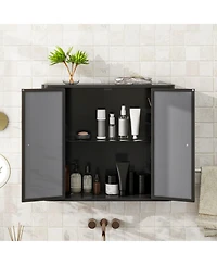 Phying Farmhouse Wall Mounted Mirror Cabinet Metal Frame Storage Organizer with 2 Mirrored Doors and Open Shelf for Bathroom Vanity Over Sink