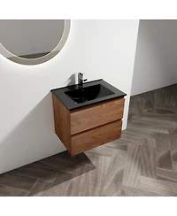 Sillysis 24 Inch Wall Mounted Bathroom Vanity with Ceramic Sink, Soft Close Drawers, Wood Grain Plywood for Modern Bathrooms