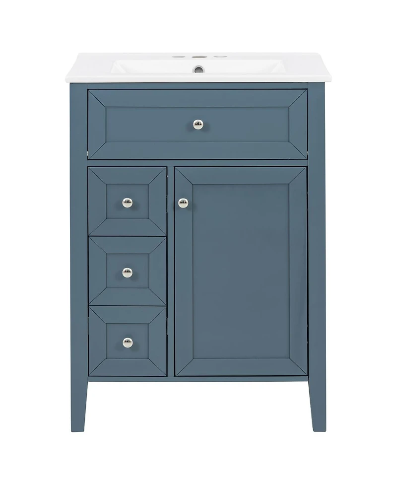 Sillysis 24 Inch Bathroom Vanity with Ceramic Sink, Classic Modern Freestanding Cabinet, Soft Close Drawers for Small Bathrooms