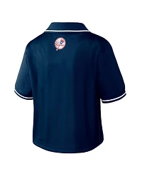 Wear by Erin Andrews Women's Navy New York Yankees Cropped V-Neck Polo Shirt
