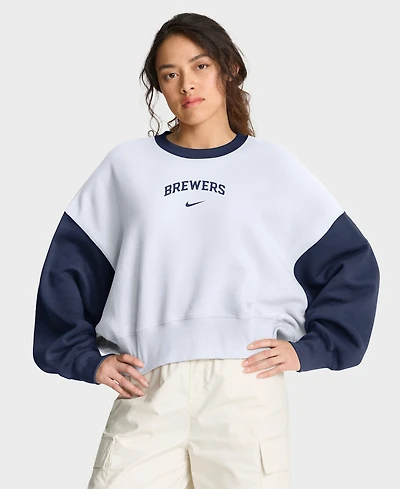 Nike Women's White/Navy Milwaukee Brewers Oversized High Hip Fleece Sweatshirt