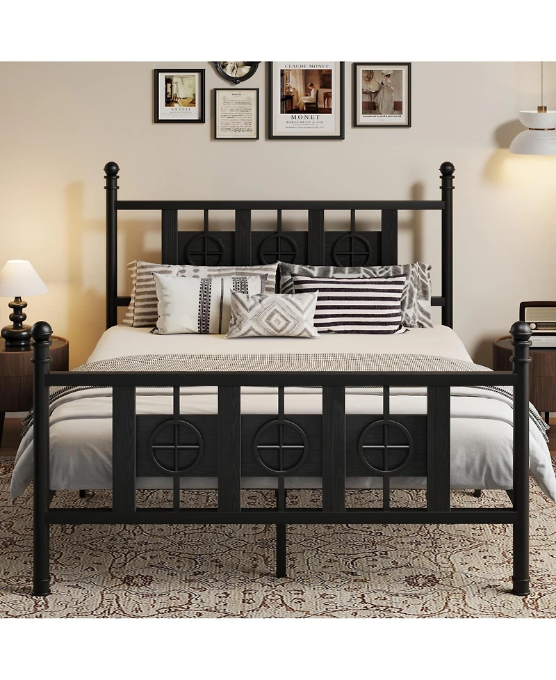 homfan Durable Metal Platform Bed Frame with Retro Circular Design, Headboard and Footboard Included, Underbed Storage Space