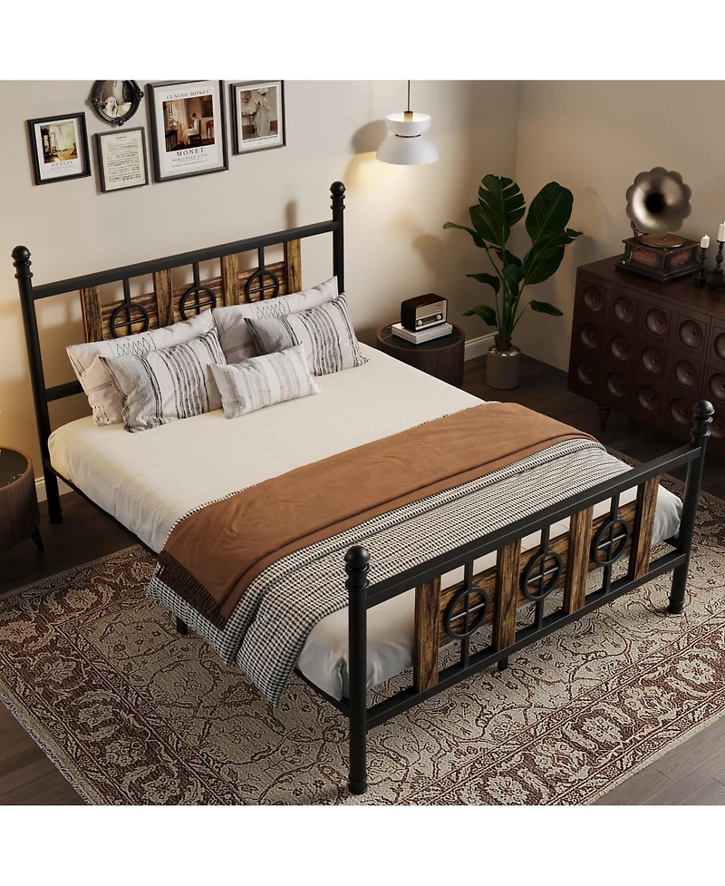 homfan Durable Metal Platform Bed Frame with Retro Circular Design, Headboard and Footboard Included, Underbed Storage Space