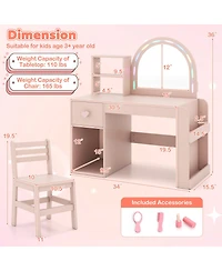 Gymax Kids Vanity Desk with Lights Open Bookshelf Storage Drawer Compartment and Shelves