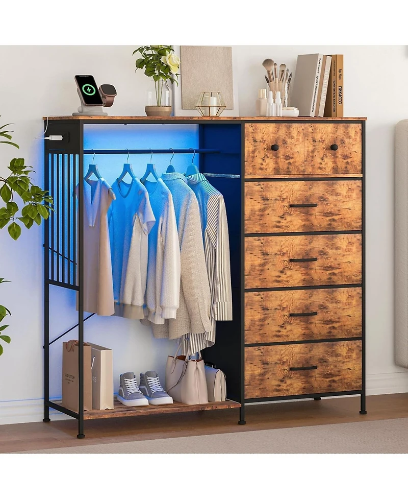 gaomon 6-Drawer Fabric Dresser with Hanging Rack, Led Lights and Charging Station - Open Wardrobe Organizer, Sturdy Storage for Bedroom, Living Room