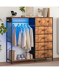 gaomon 6-Drawer Fabric Dresser with Hanging Rack, Led Lights and Charging Station - Open Wardrobe Organizer, Sturdy Storage for Bedroom, Living Room