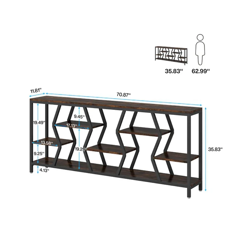 Slickblue Industrial Sofa Table with Multi Tier Storage Shelves for Home Organization