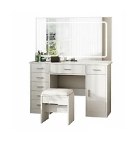 gaomon Vanity Desk with Large Led Mirror, 7 Drawers, Power Outlets, Usb Ports, Hair Dryer Holder, 3-Mode Lighting, Stool, Cabinet