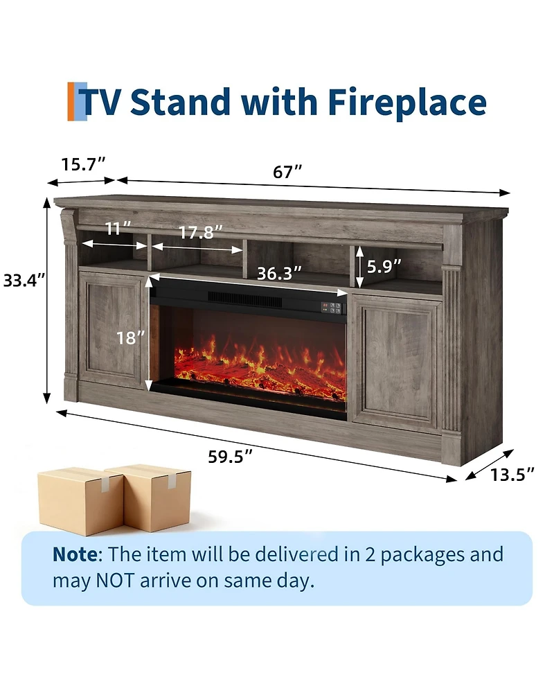 homfan 68" Farmhouse Electric Fireplace Tv Stand, Entertainment Center with Open Storage Cabinets for TVs up to 75", Media Console for Living Room