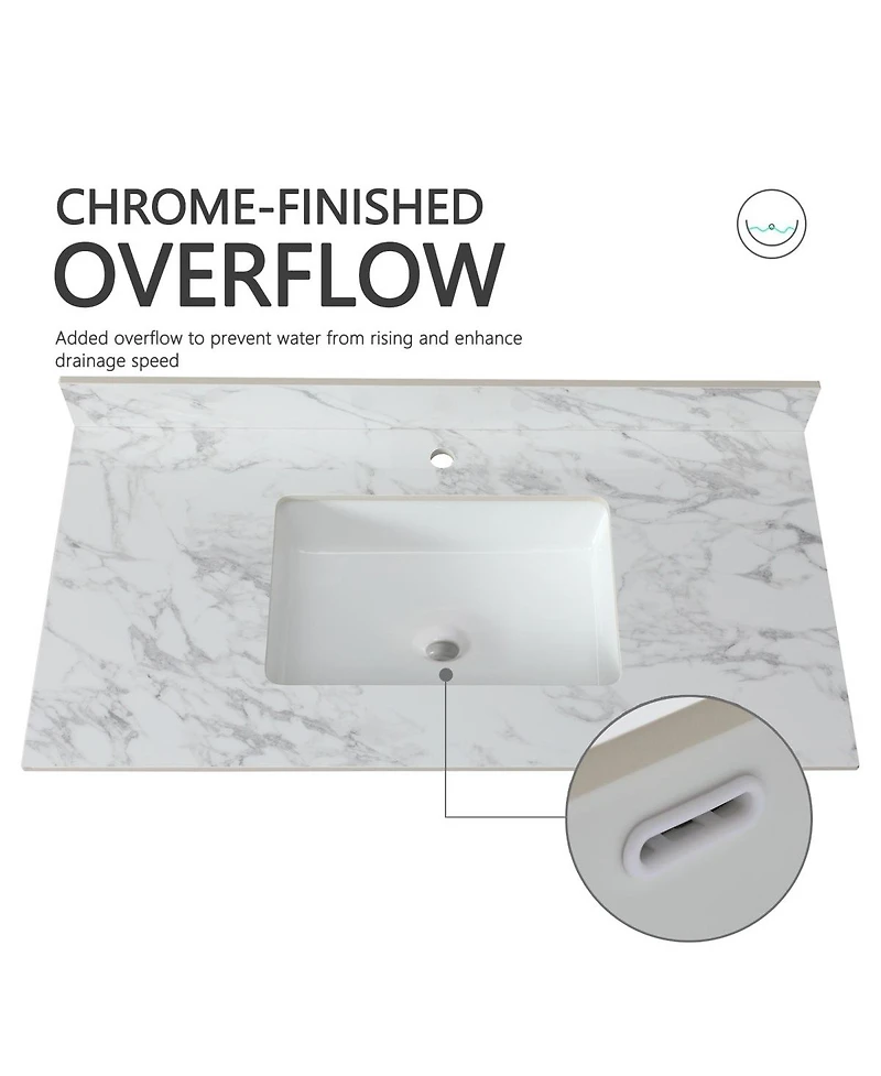 Sillysis 31/37/43 Inch Sintered Stone Bathroom Vanity Top with Rectangular Undermount Sink, 4 Inch Backsplash