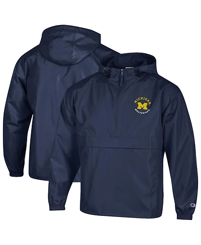 Champion Men's Navy Michigan Wolverines Packable Hooded Windbreaker Half-Zip Jacket