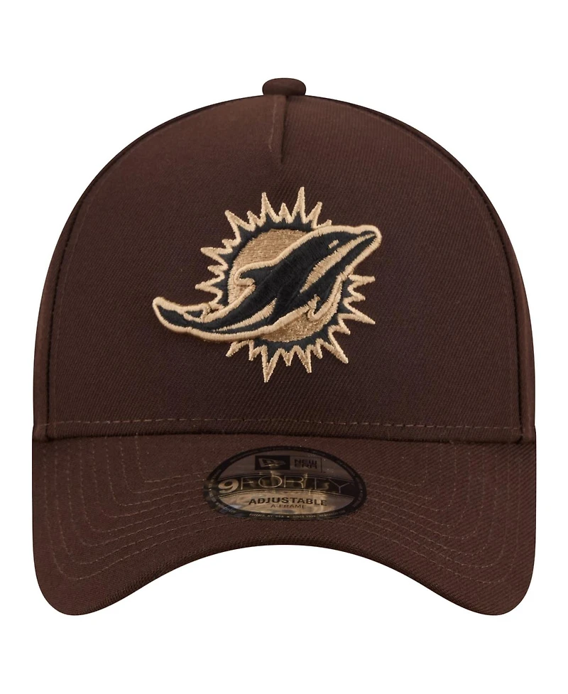 New Era Men's Dark Brown Miami Dolphins Burnt Wood A-Frame 9FORTY Adjustable Hat