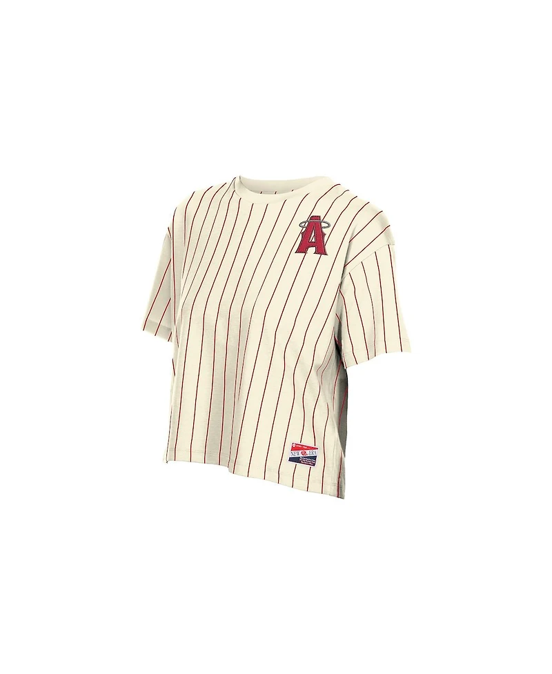New Era Women's Cream Los Angeles Angels City Connect Throwback Meshback Pinstripe Boxy T-Shirt