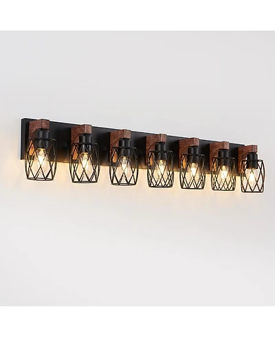 Busdays Industrial Vintage 7 Light Wall Sconce Cage Wall Lighting Fixture with Wooden Accents for Bathroom Hallway Living Room No Bulbs