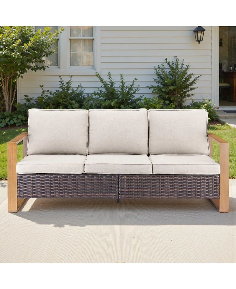 Pocassy Outdoor Patio Couch, 3 Seater Wicker Sofa with High Back, Deep Seating, Wide Armrest, Thickened Cushions