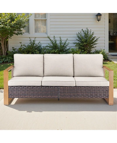 Pocassy Outdoor Patio Couch, 3 Seater Wicker Sofa with High Back, Deep Seating, Wide Armrest, Thickened Cushions
