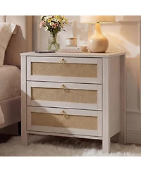 homfan Modern Rattan Bedside Table, Elegant Contemporary Bedside Furniture with Room Storage Space for Bedrooms