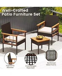 Costway 3 Pcs Wicker Furniture Set with Acacia Wood Tabletop Armrests Cushions for Backyard