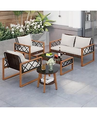 Costway 5 Pcs Pe Wicker Patio Furniture Set with Acacia Wood Frame Cushions for Deck Garden