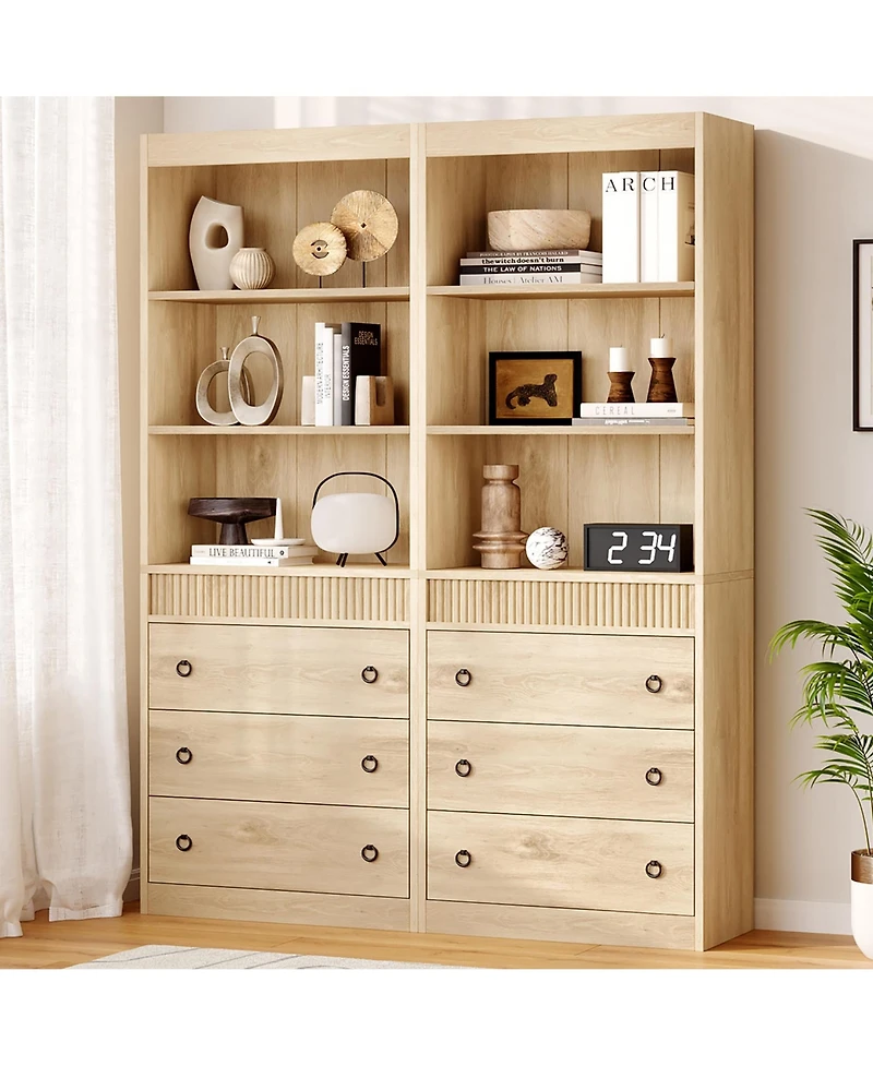 Homfan 70.8" fluted 6-tier bookcase with drawers, open shelves, and woven design-ideal storage cabinet for living room organization.