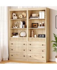 Homfan 70.8" fluted 6-tier bookcase with drawers, open shelves, and woven design-ideal storage cabinet for living room organization.