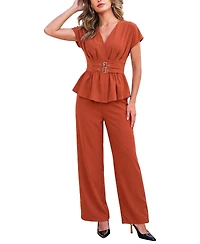 Cupshe Women's Elegant V-Neck Belted Peplum Top and Wide Leg Pants Two-Piece Set