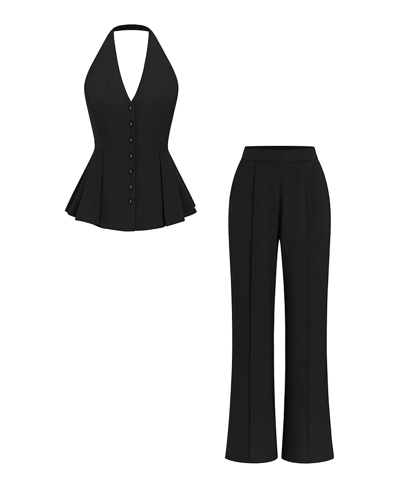 Cupshe Women's Halter Button-Front Peplum Top and Straight-Leg Pants Matching Set