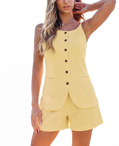 Cupshe Women's Button-Down Sleeveless Vest Top and High-Waisted Shorts Outfits