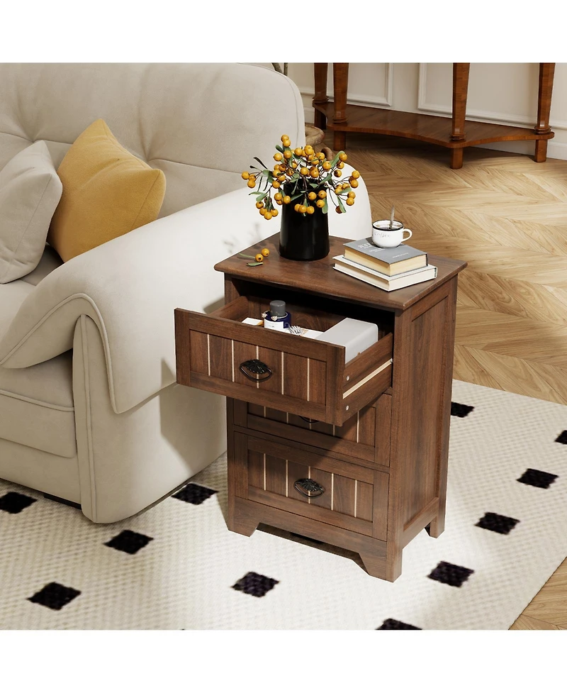 Gymax 3 Drawers End Table Nightstand Bedroom Storage Wood Slide