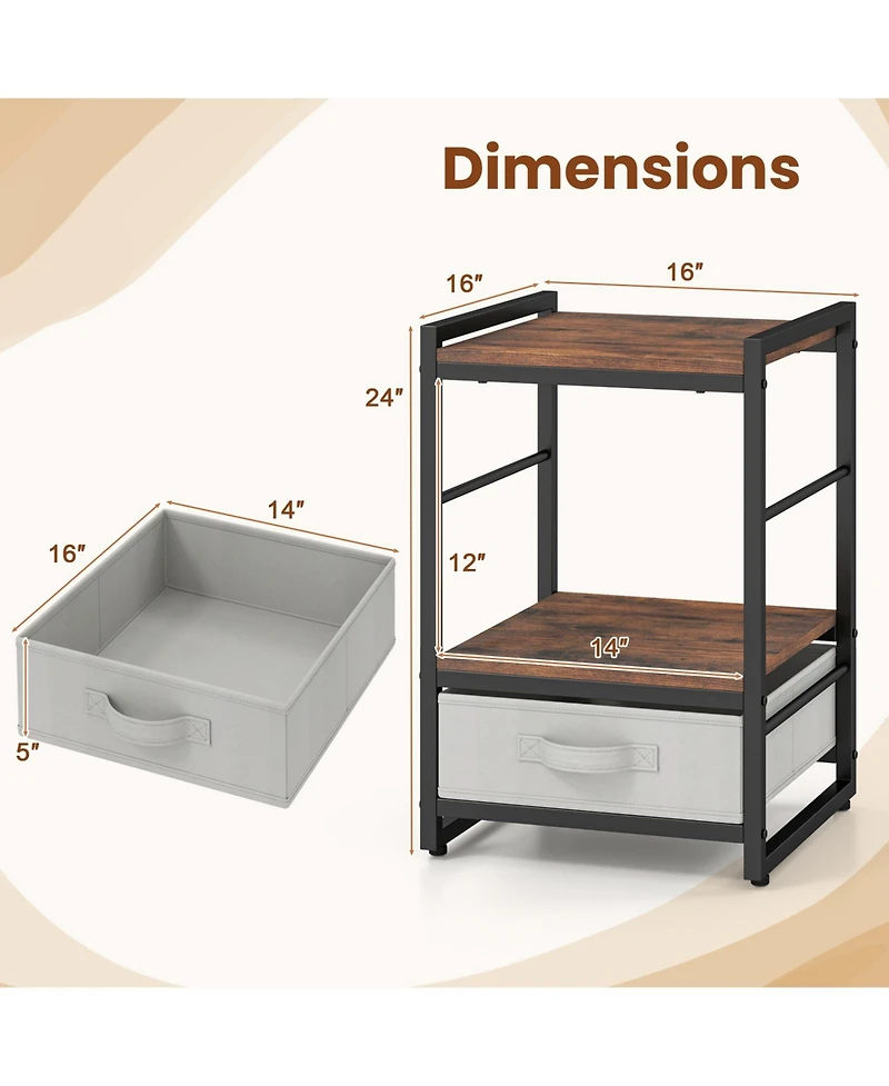 Gymax 2 Pcs Nightstand Industrial Bedside Table w/ Open Storage Shelf and Fabric Drawer