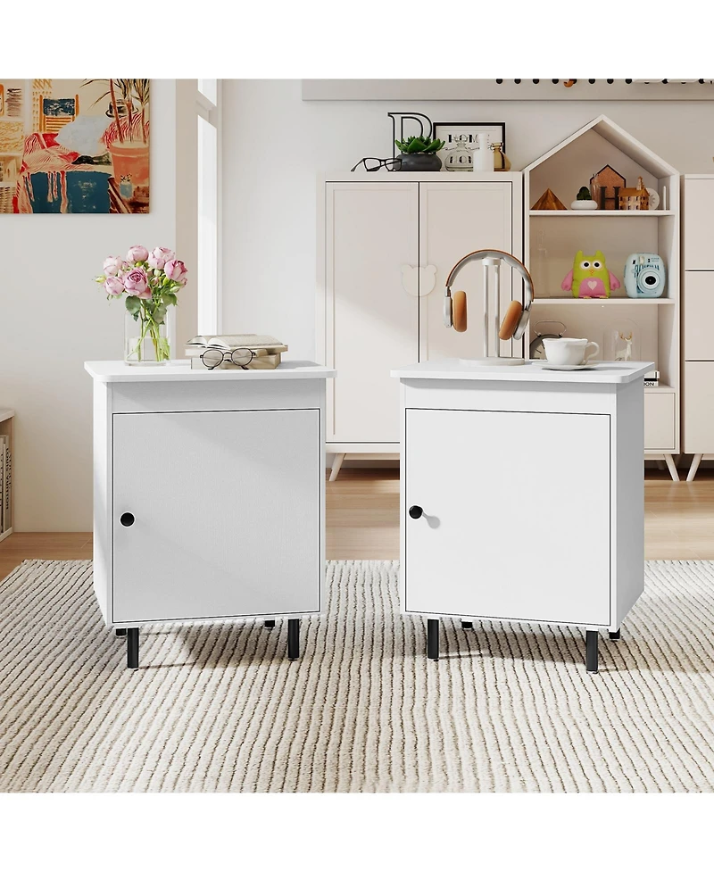 Gymax 2-Piece Nightstand Mid Century Modern End Table with Door Heavy-Duty Metal Legs