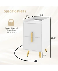 Gymax Set of 2 Nightstand w/ Charging Station Home Bedside Sofa Side Tables w/ 2 Drawers Cafe