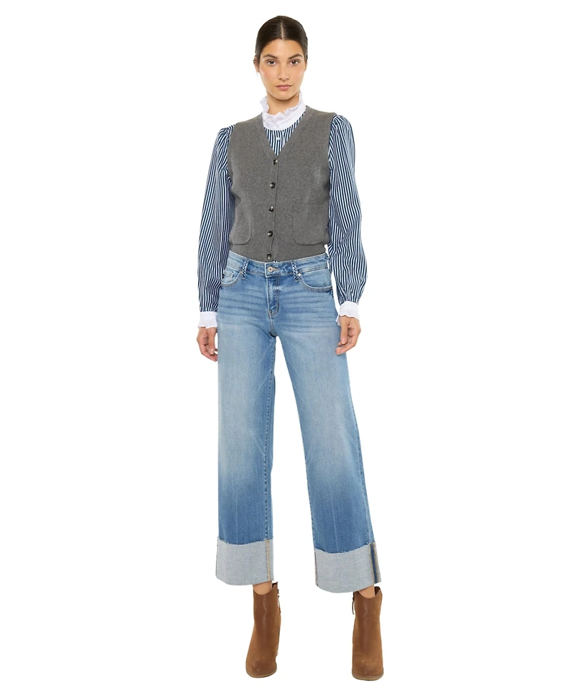 KanCan Women's Kenny Mid Rise Crop Wide-Leg Jeans