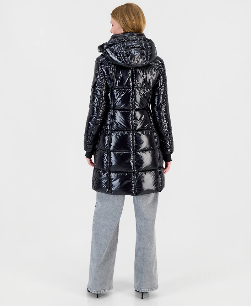 S13 Women's Hooded Thumbhole-Cuff Shine Puffer Coat