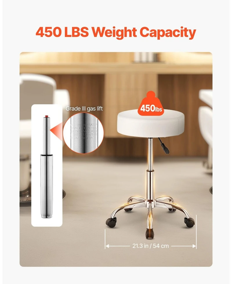 Gouun Height-Adjustable Rolling Swivel Stool with 450 lb Capacity, Pu Leather Seat