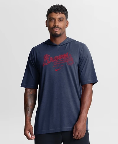 Nike Men's Navy Atlanta Braves Arched Wordmark Tri-Blend Hooded T-Shirt