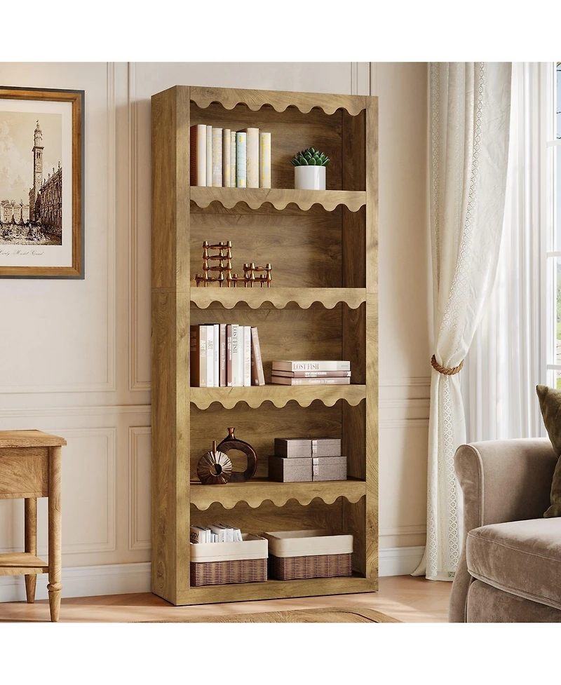 Slickblue 5-Tier Modern Bookcase with Decorative Scalloped Shelves for Living Room