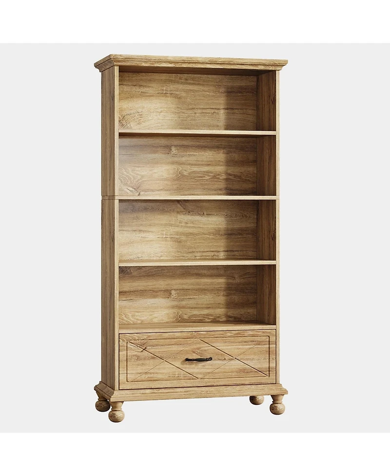 Slickblue 5 Shelf Bookcase with Drawer 71 Inch Bookshelf Wood Legs
