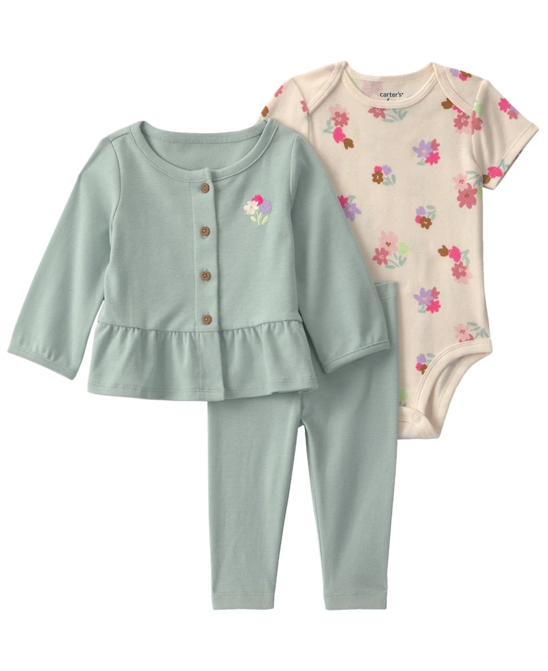 Carter's Baby Girls' Floral Layering Long-Sleeve Top, Bodysuit and Pant, 3-Piece Set