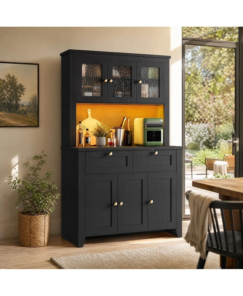 homfan 66 Inch Tall Pantry Cabinet with Led Lights and Charging Station, Kitchen Hutch Coffee Bar Drawers Adjustable Shelves