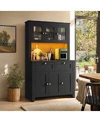 homfan 66 Inch Tall Pantry Cabinet with Led Lights and Charging Station, Kitchen Hutch Coffee Bar Drawers Adjustable Shelves