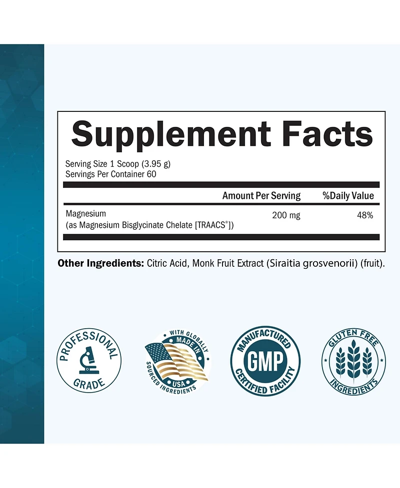 BioSchwartz Magnesium Bisglycinate Powder Supplement, Unflavored, 60 Servings, Non-gmo, Third-Party Tested, 237 Gram