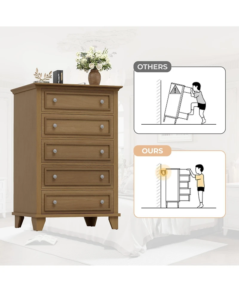 homfan 5-Drawer Tall Wooden Dresser with Anti-Tip Device and Metal Handles for Bedroom, Closet, Hallway, or Living Room