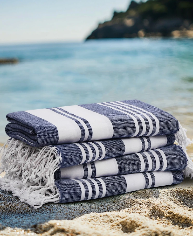 Oceanfront Resort Cotton Salty Stripe Sand-Free Turkish Beach Towels, Set of 4