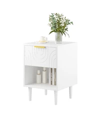 Rainsken Modern Nightstand, Wood End Table Kids Bedside Table with Drawer, Open Shelf and Gold Handle for Bedroom Decor