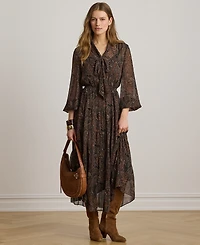 Lauren Ralph Petite Paisley Georgette Tie-Neck Tiered Dress
