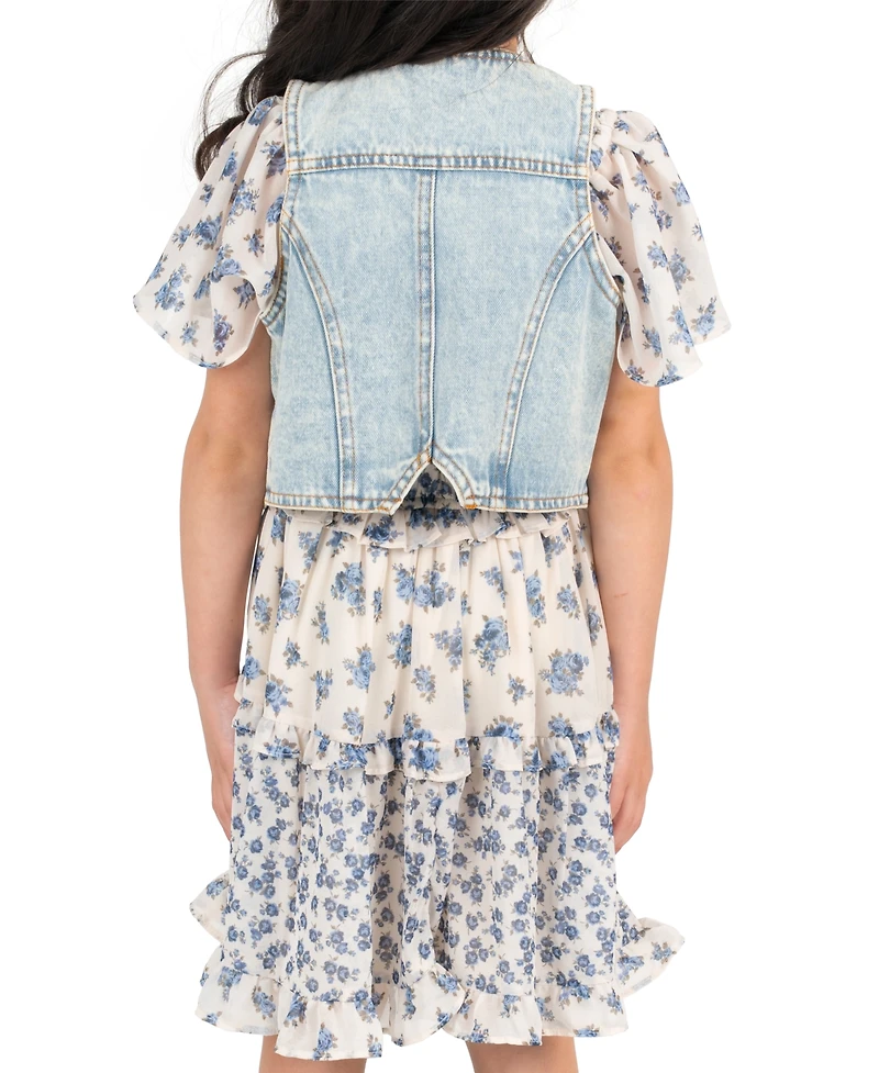 Rare Editions Girls' 2T-6X Denim Vest and Twin Printed Chiffon Dress, 2-Piece Set
