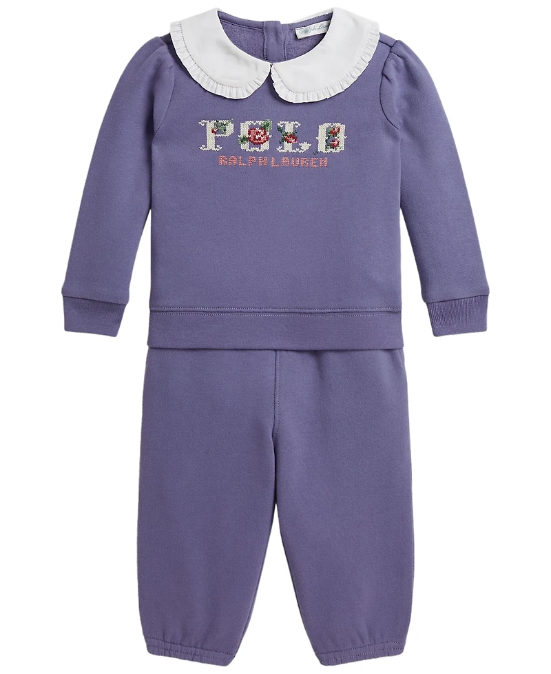 Polo Ralph Lauren Baby Girls' Logo Fleece Collared Sweatshirt and Jogger Pants, 2-Piece Set