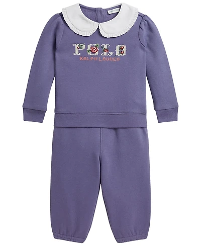 Polo Ralph Lauren Baby Girls' Logo Fleece Collared Sweatshirt and Jogger Pants, 2-Piece Set